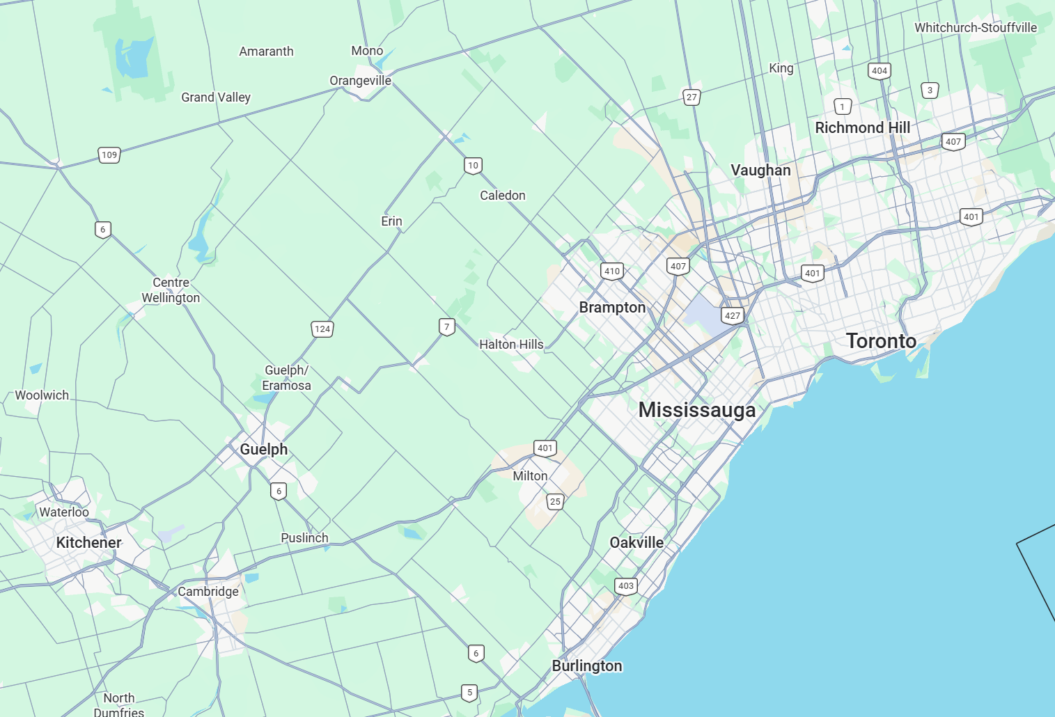 Map showing PINE Windows & Doors service area across Toronto, Mississauga, Brampton, Vaughan, Oakville, Burlington, Guelph, Cambridge, and Kitchener.